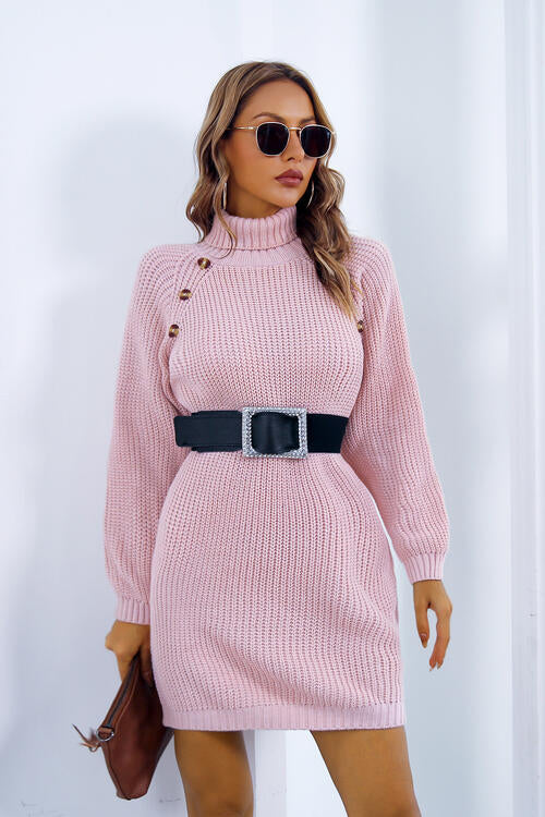 Violet Buttoned Turtleneck Long Sleeve Sweater Dress