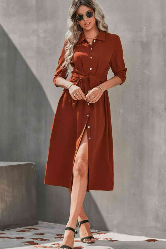 Eliana Collared Neck Tie Waist Midi Shirt Dress