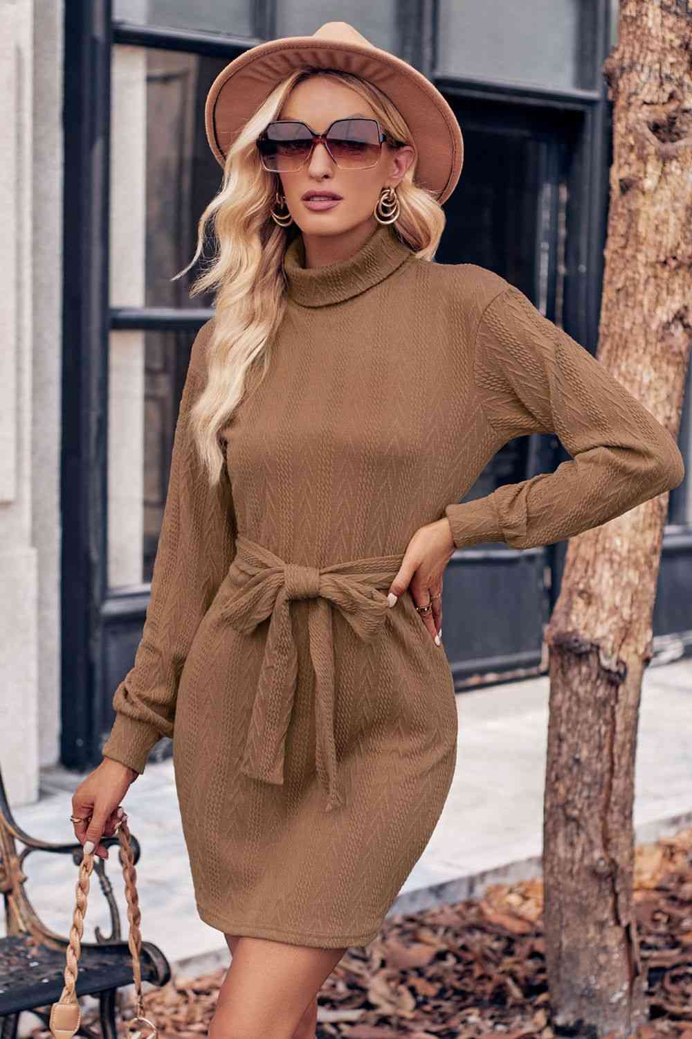 Winona Turtle Neck Long Sleeve Tie Belt Mini Dress