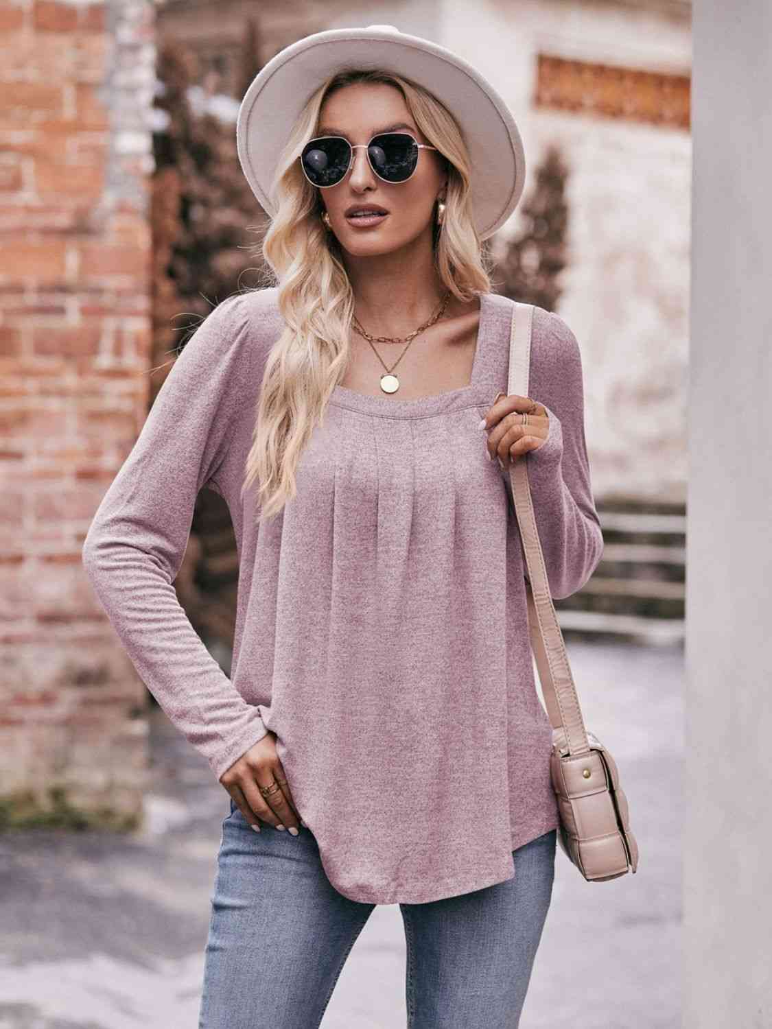 Double Take Pleated Detail Curved Hem Long Sleeve Top