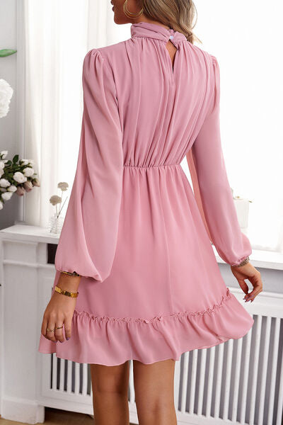 Blakely Frill Ruched Mock Neck Balloon Sleeve Dress