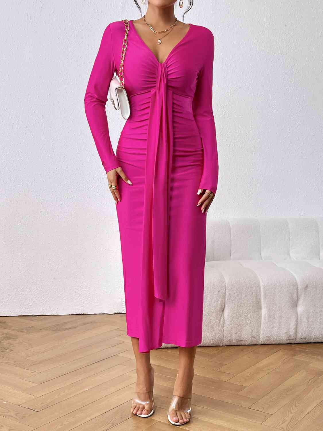 Amina Long Sleeve Ruched Split Dress