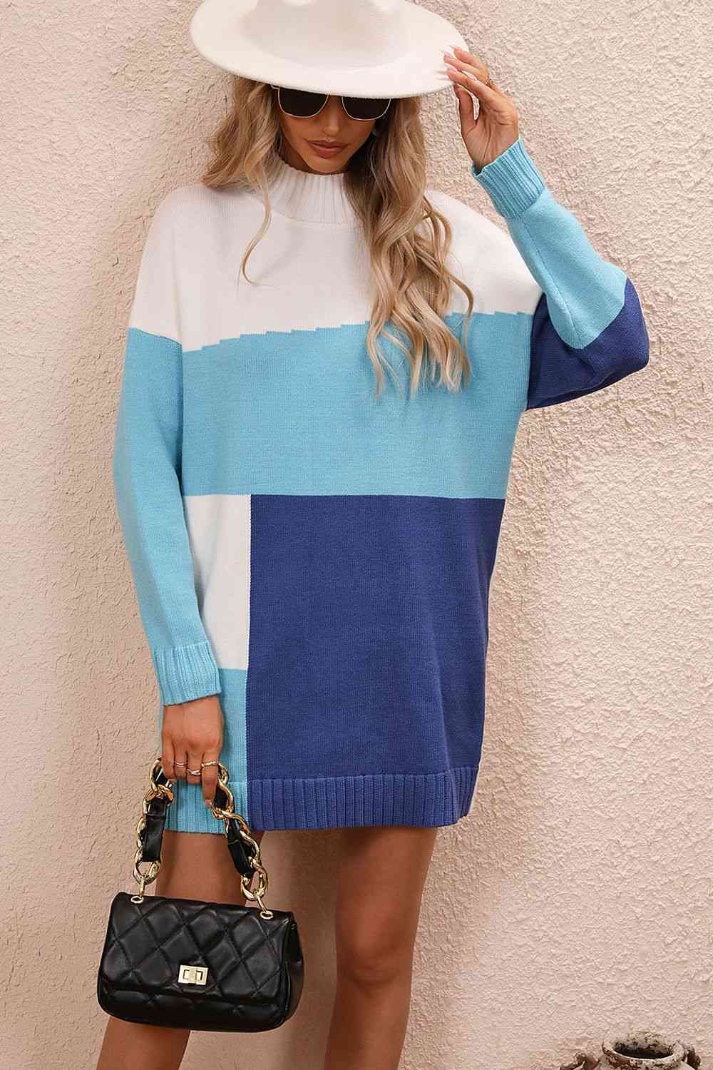 Meg Color Block Mock Neck Dropped Shoulder Sweater Dress