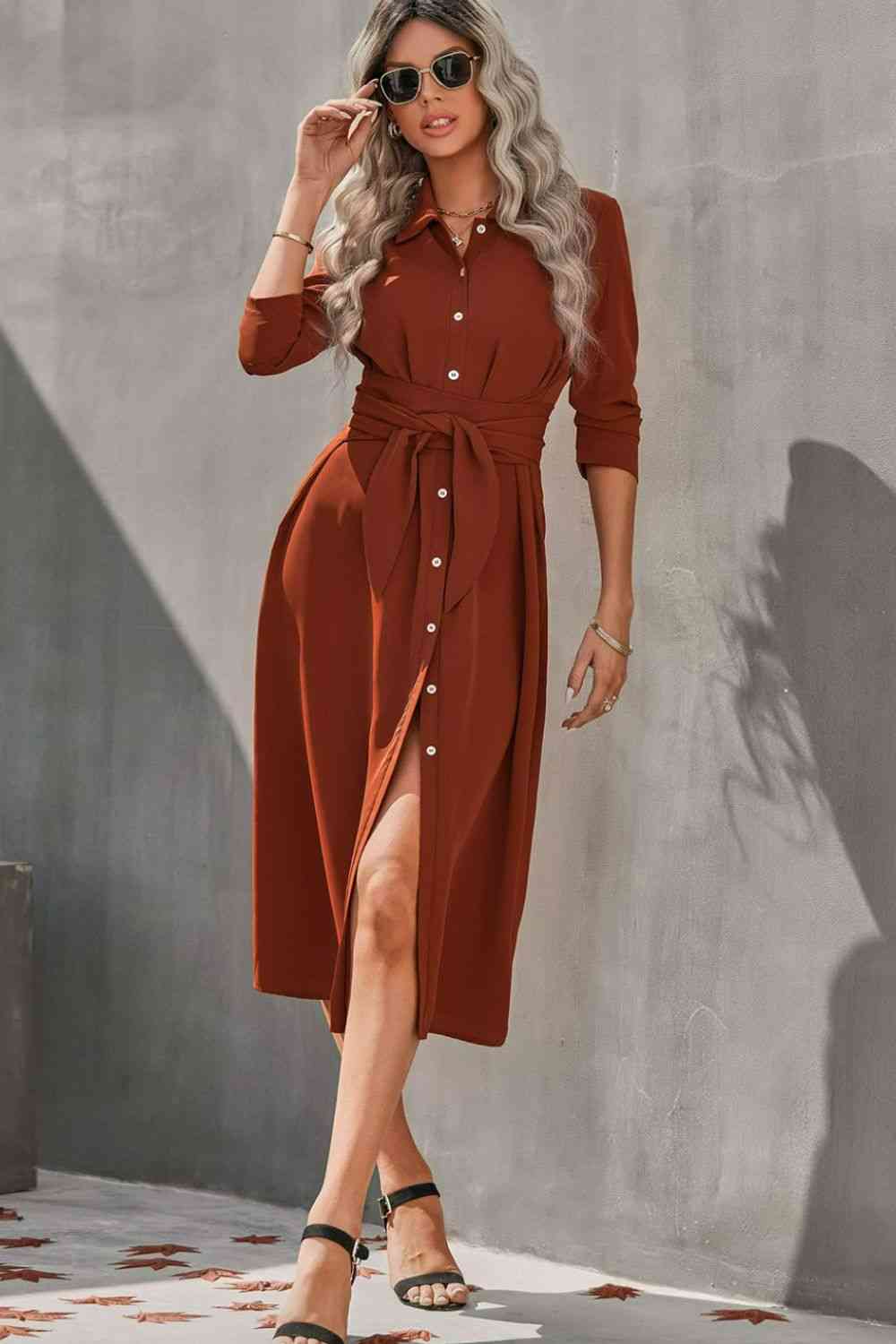 Eliana Collared Neck Tie Waist Midi Shirt Dress