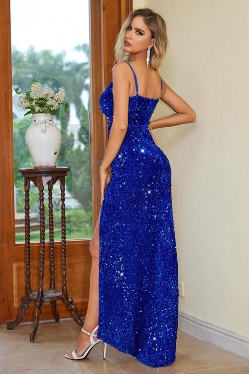 Majestic Party Sequin Slit Spaghetti Strap Dress