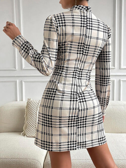 Dahlia Houndstooth Mock Neck Cinched Mini Dress