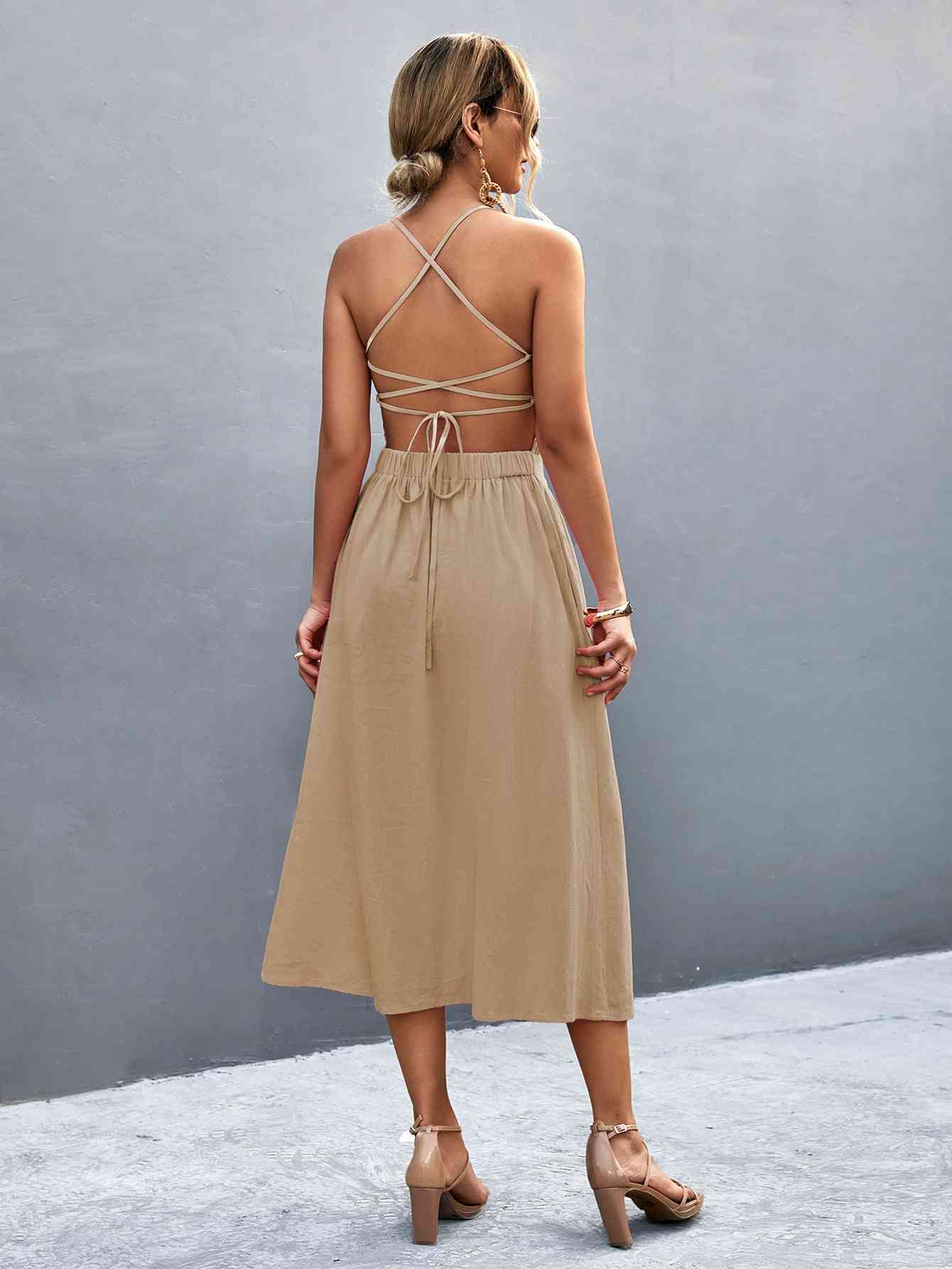 Grace Buttoned Halter Neck Frill Trim Midi Dress