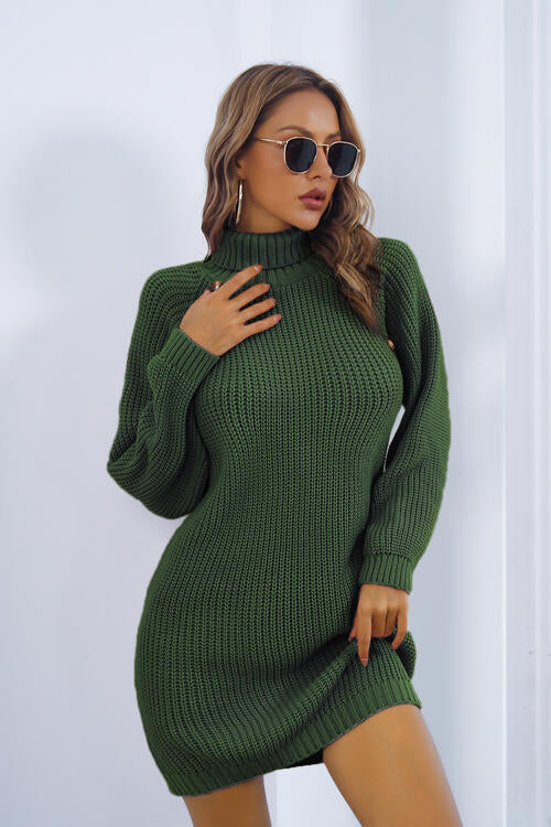 Violet Buttoned Turtleneck Long Sleeve Sweater Dress