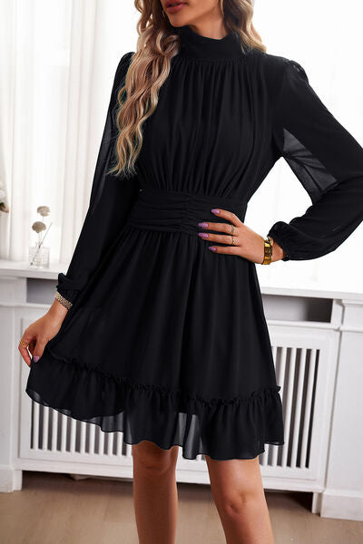 Blakely Frill Ruched Mock Neck Balloon Sleeve Dress