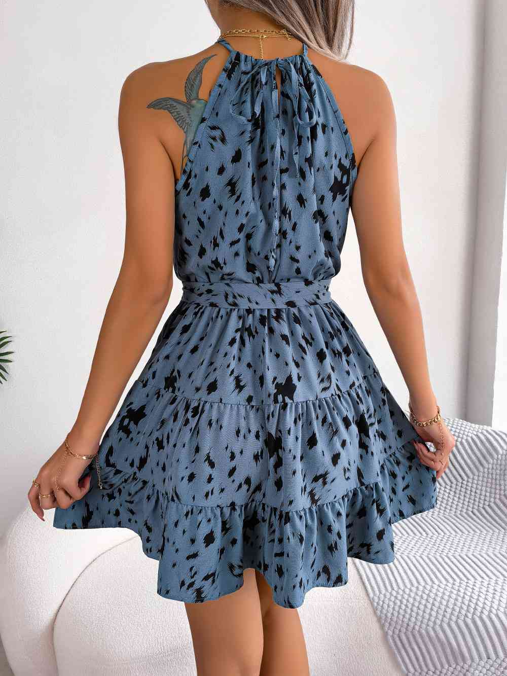 Stevie Halter Neck Printed Tie Waist Sleeveless Mini Dress