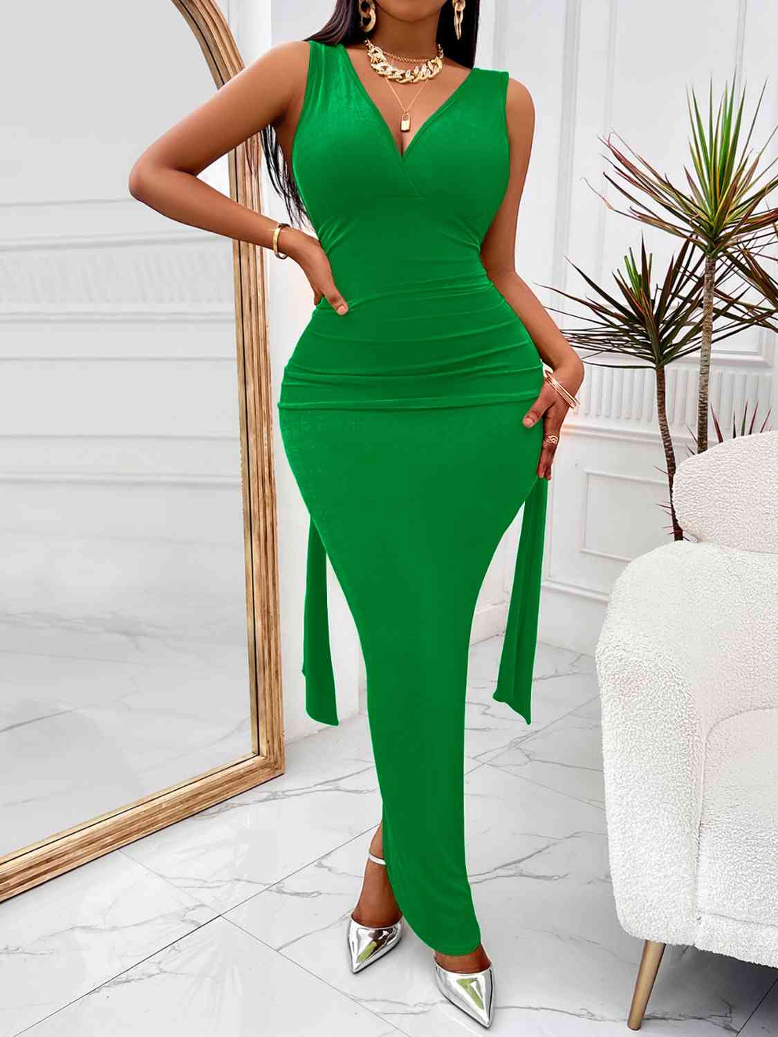 Envy Backless Ruched Slit Maxi Dress