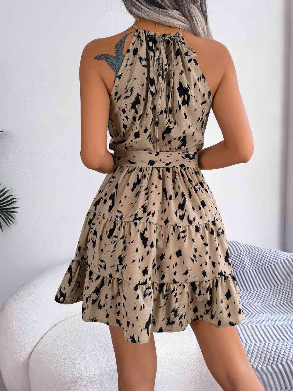 Stevie Halter Neck Printed Tie Waist Sleeveless Mini Dress