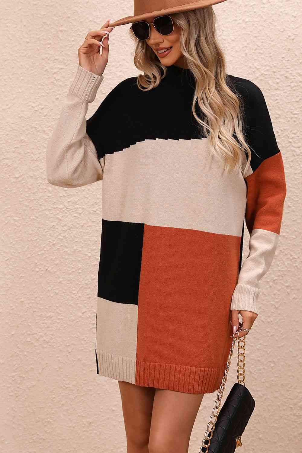 Meg Color Block Mock Neck Dropped Shoulder Sweater Dress