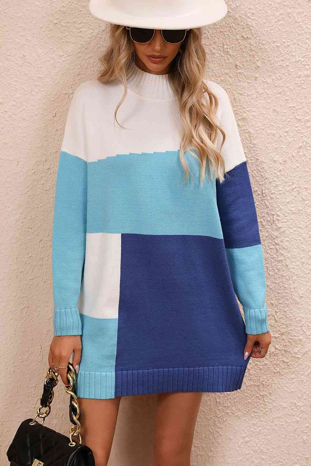 Meg Color Block Mock Neck Dropped Shoulder Sweater Dress