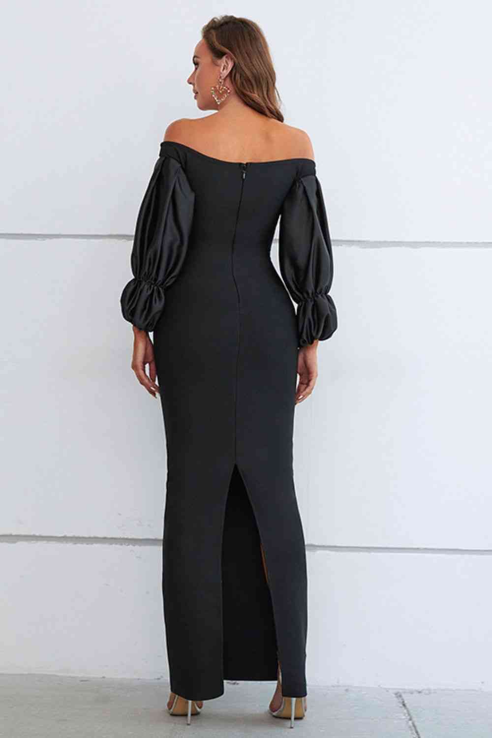 Celine Off-Shoulder Bubble Sleeve Slit Dress