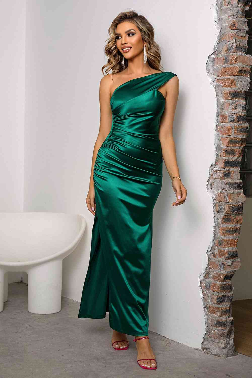 Alessandra One-Shoulder Ruched Slit Maxi Dress