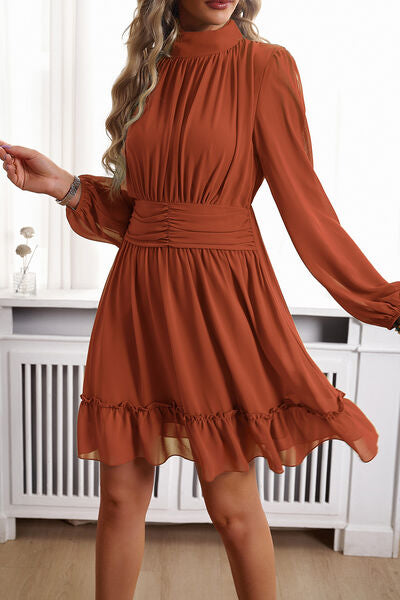 Blakely Frill Ruched Mock Neck Balloon Sleeve Dress