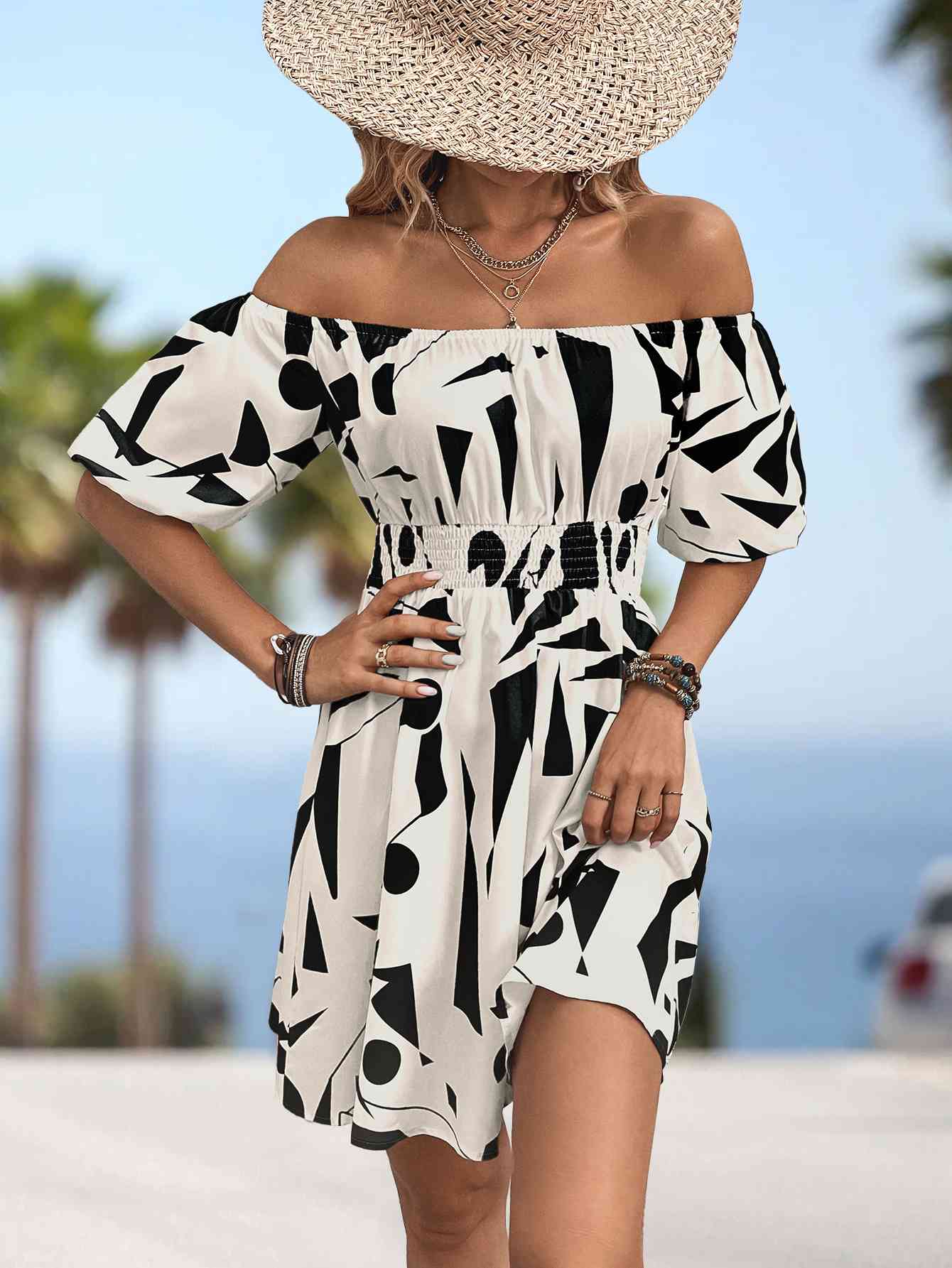 Armani Printed Off-Shoulder Smocked Waist Dress