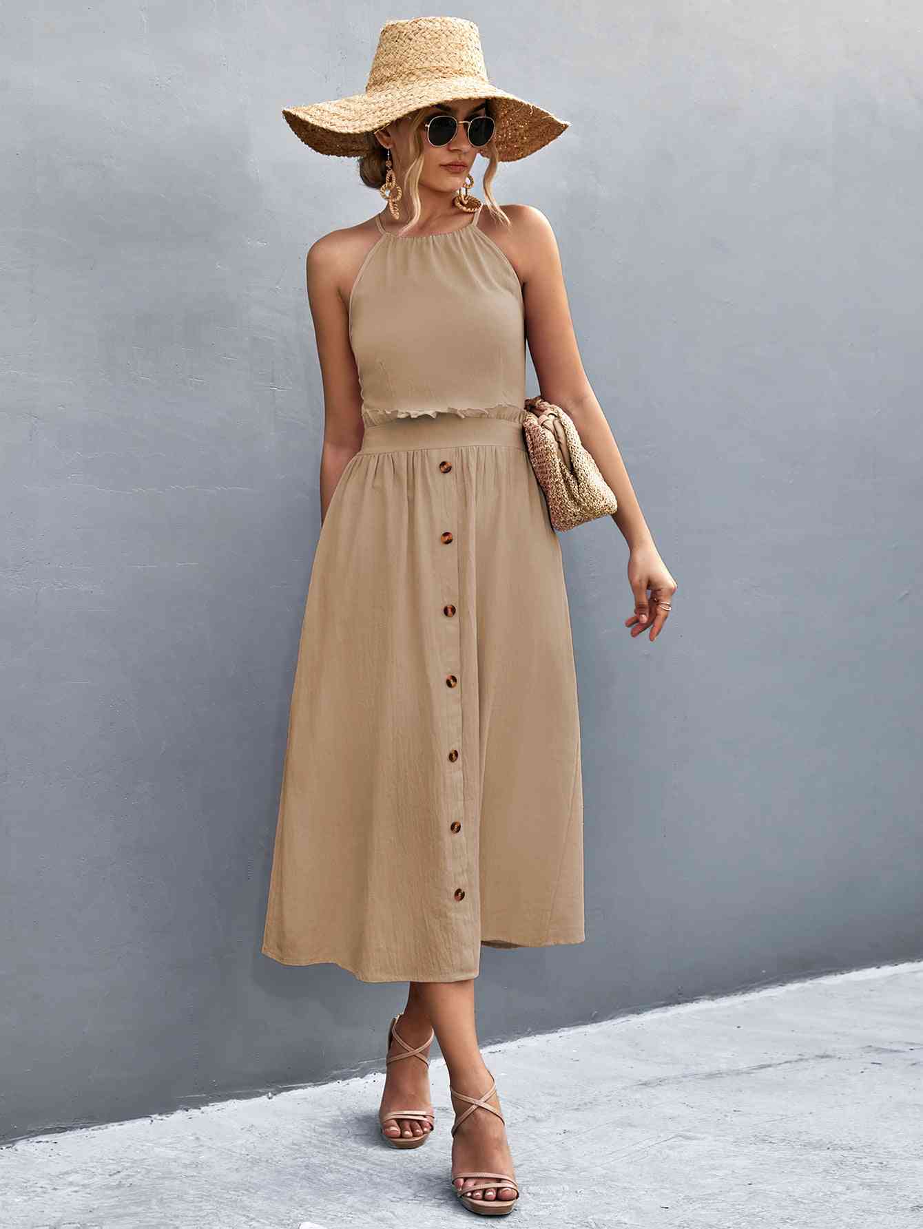 Grace Buttoned Halter Neck Frill Trim Midi Dress