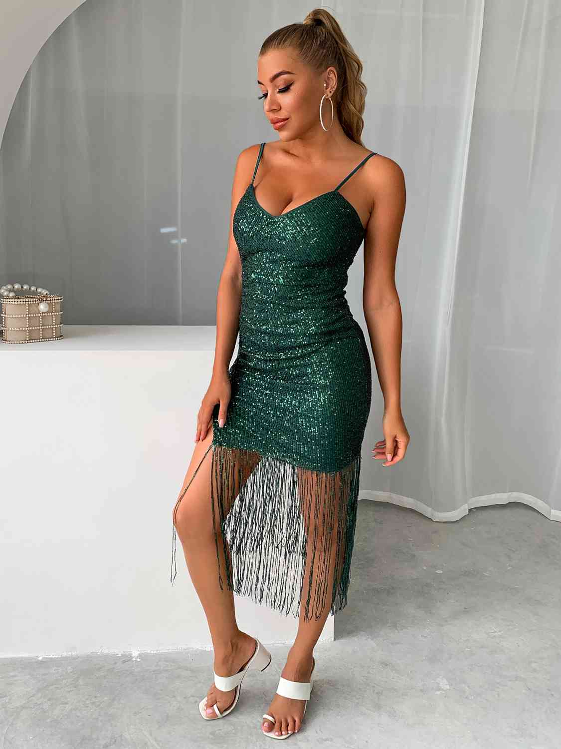 Capri Sequin Fringe Spaghetti Strap Dress