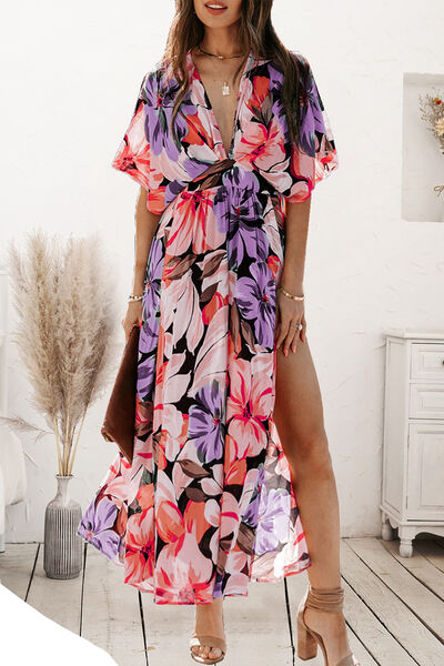 Amber Plunge Split Printed Short Sleeve Dress