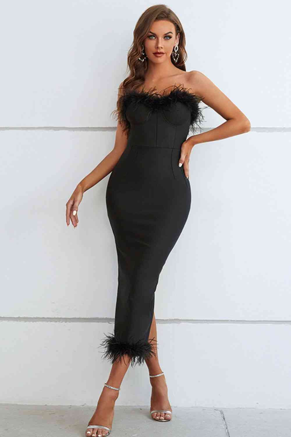 June Feather Trim Strapless Sweetheart Neck Dress