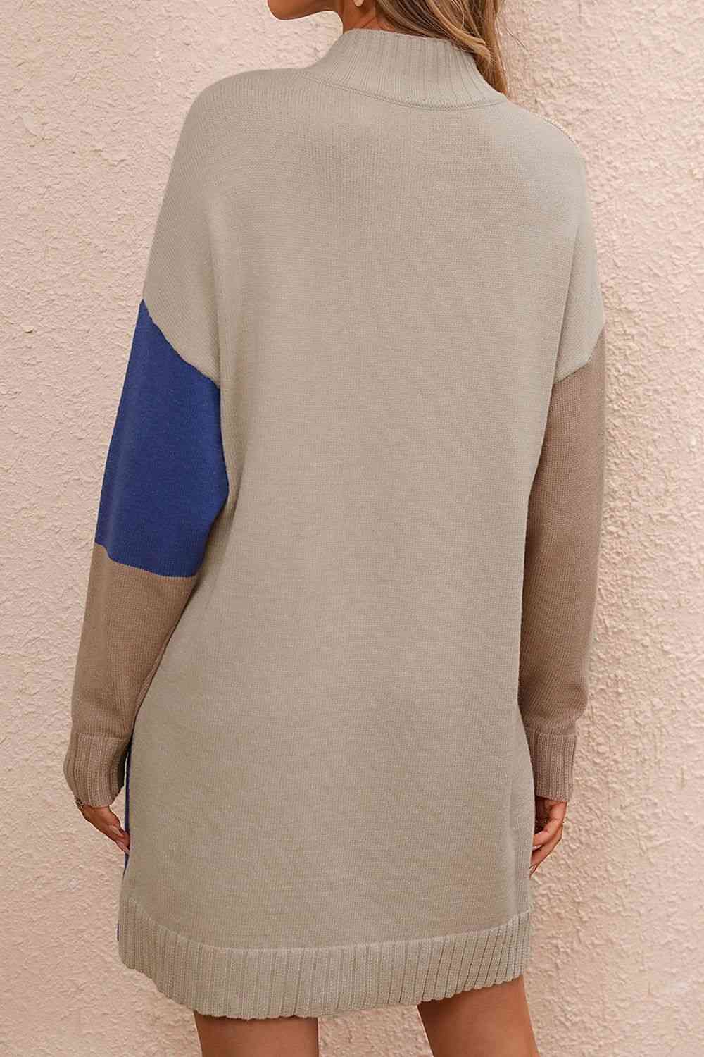 Meg Color Block Mock Neck Dropped Shoulder Sweater Dress