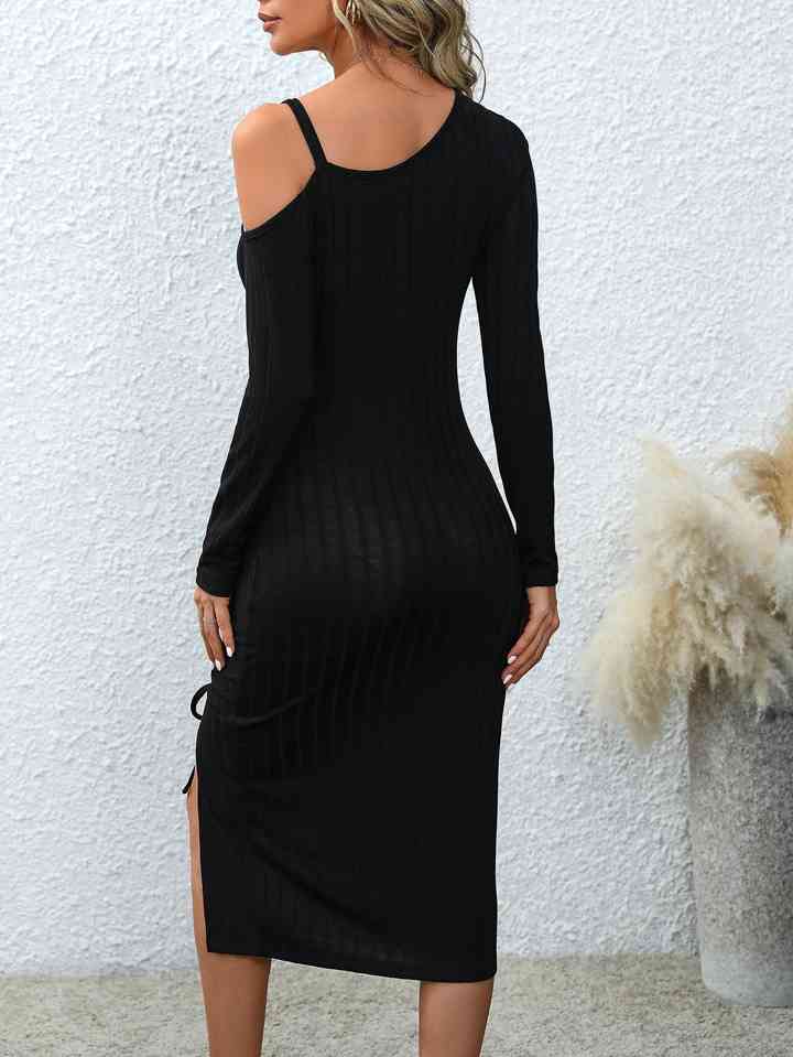 Sophia Asymmetrical Neck Drawstring Slit Dress