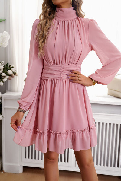 Blakely Frill Ruched Mock Neck Balloon Sleeve Dress