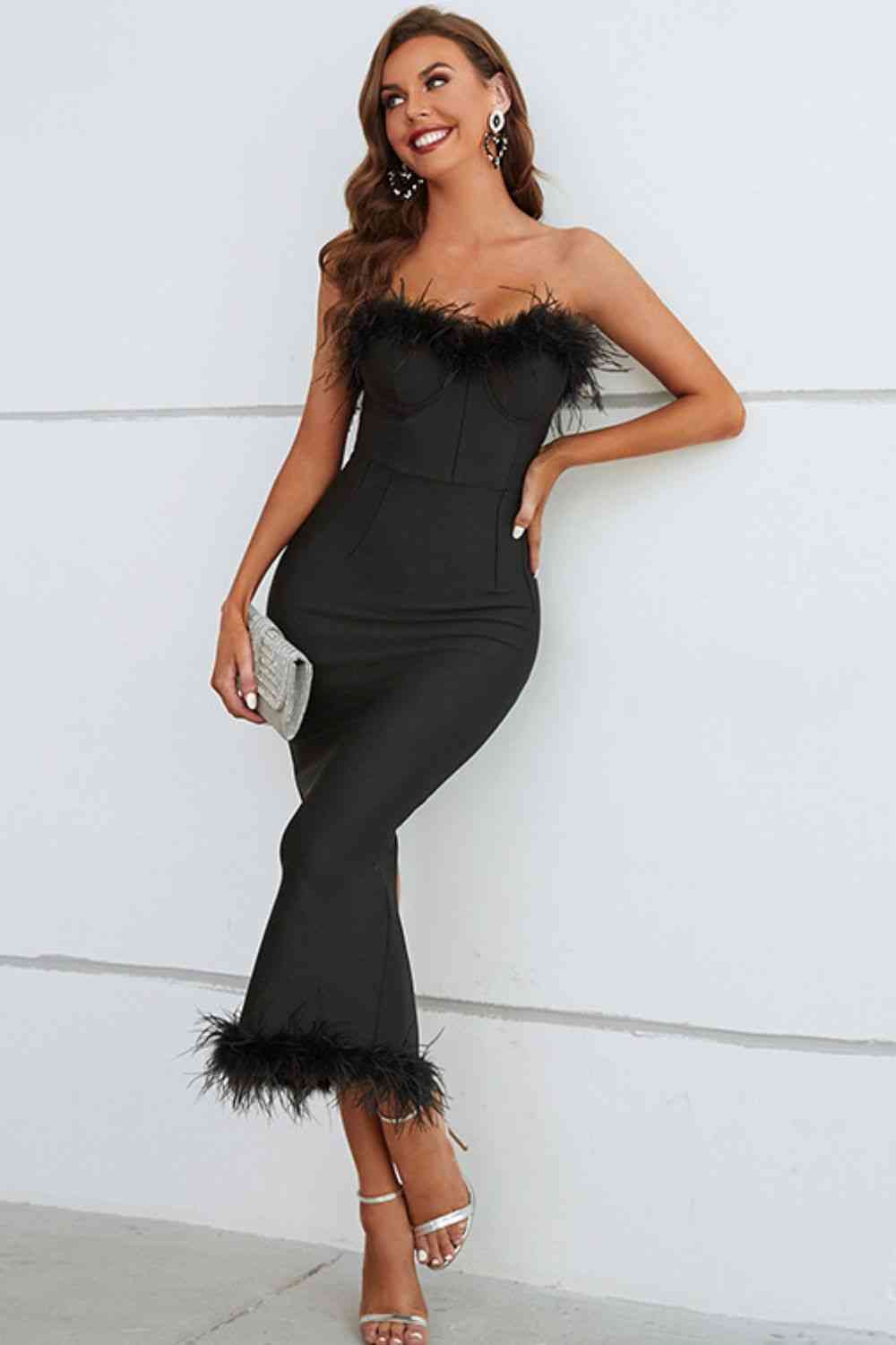 June Feather Trim Strapless Sweetheart Neck Dress