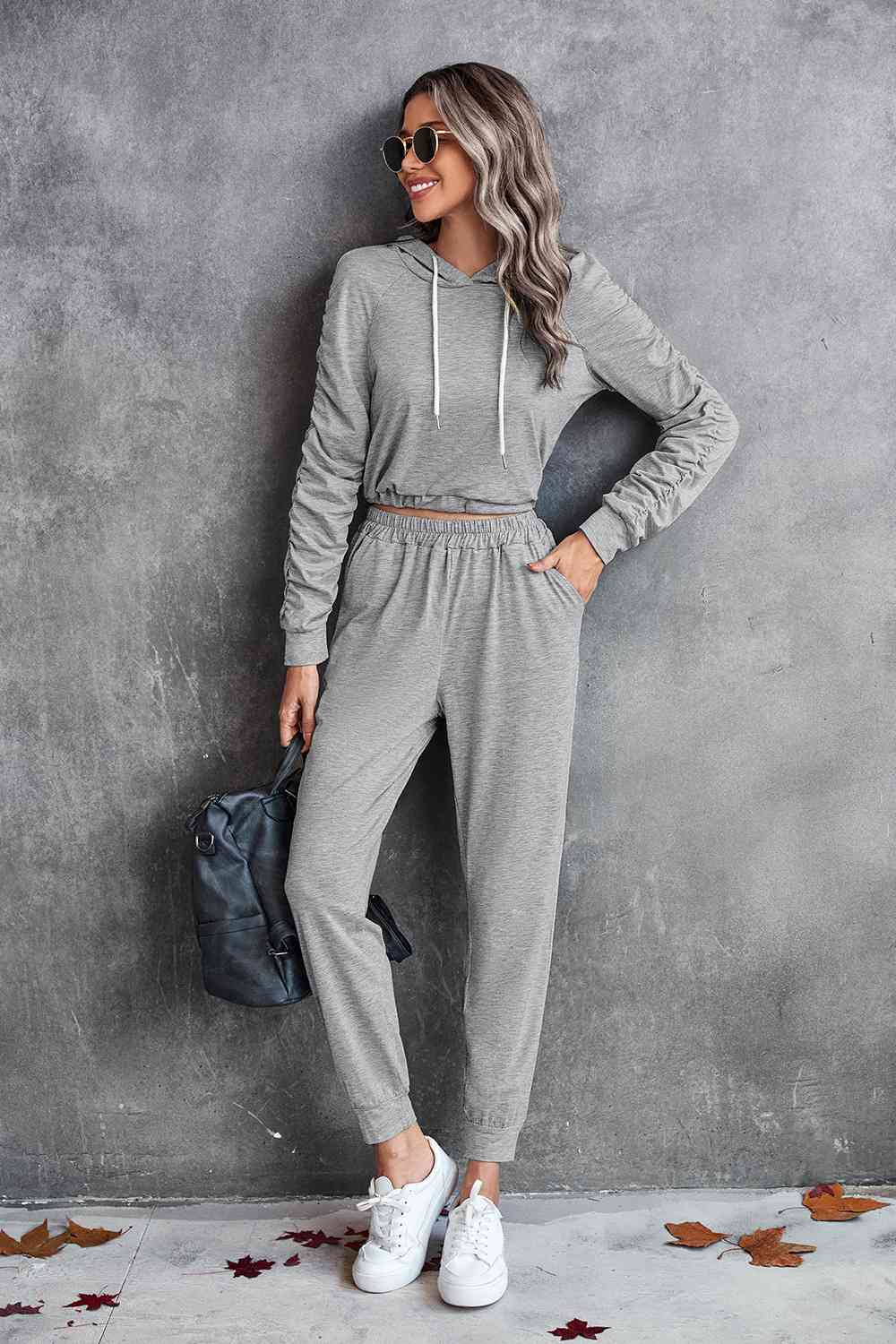 Ruched Raglan Sleeve Hoodie and Joggers Set