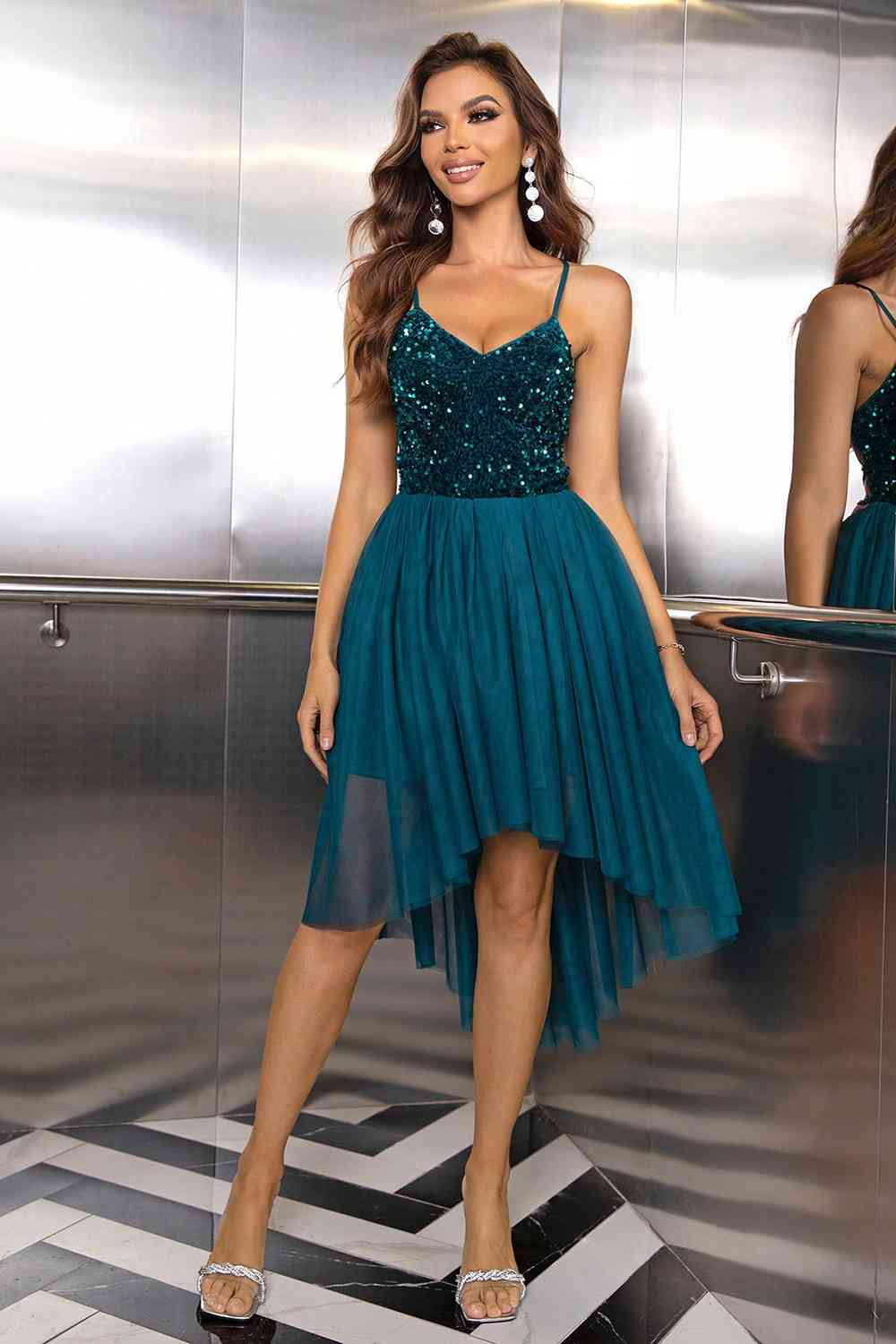 Kendra Sequin Spaghetti Strap High-Low Dress