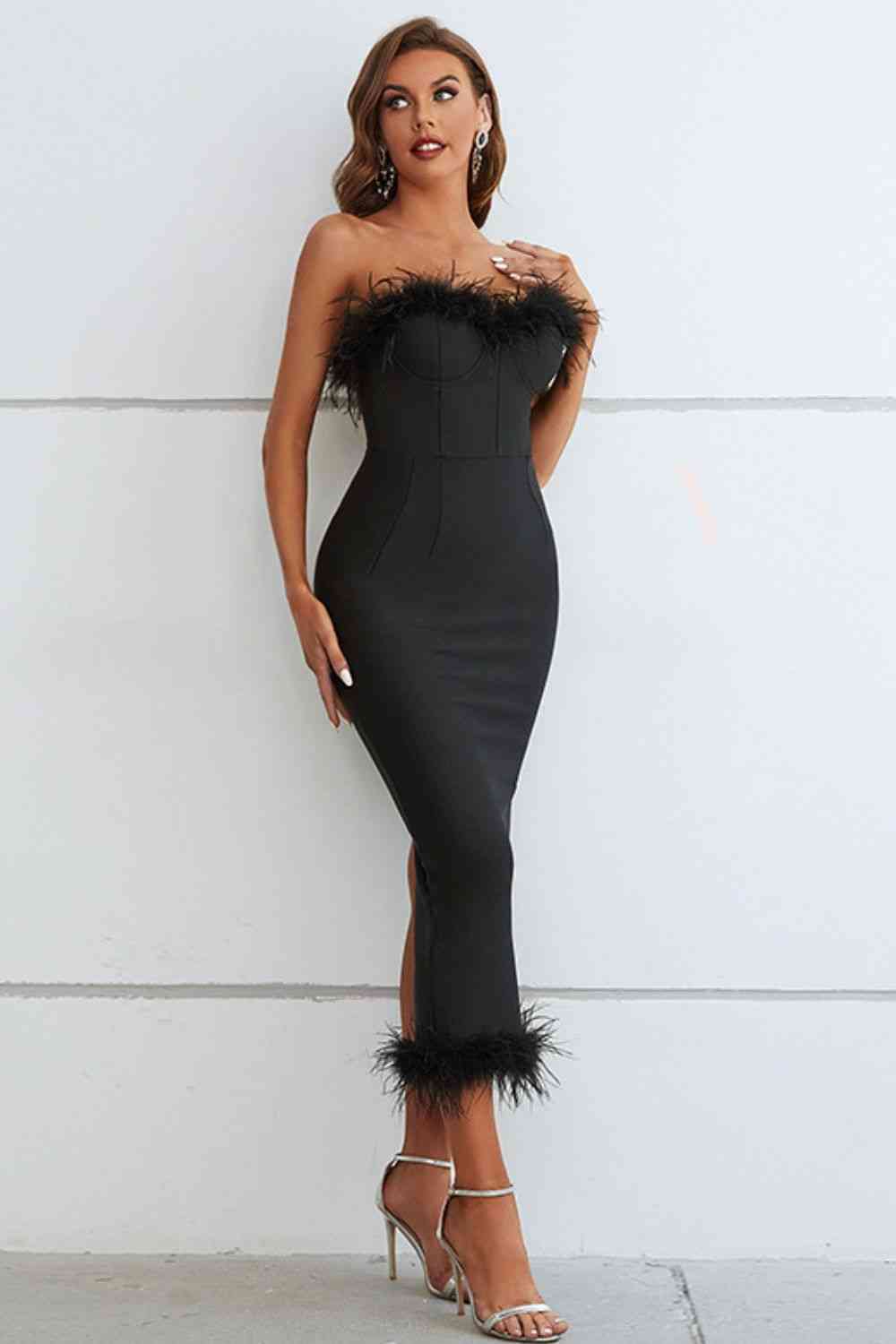 June Feather Trim Strapless Sweetheart Neck Dress