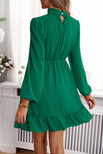 Blakely Frill Ruched Mock Neck Balloon Sleeve Dress