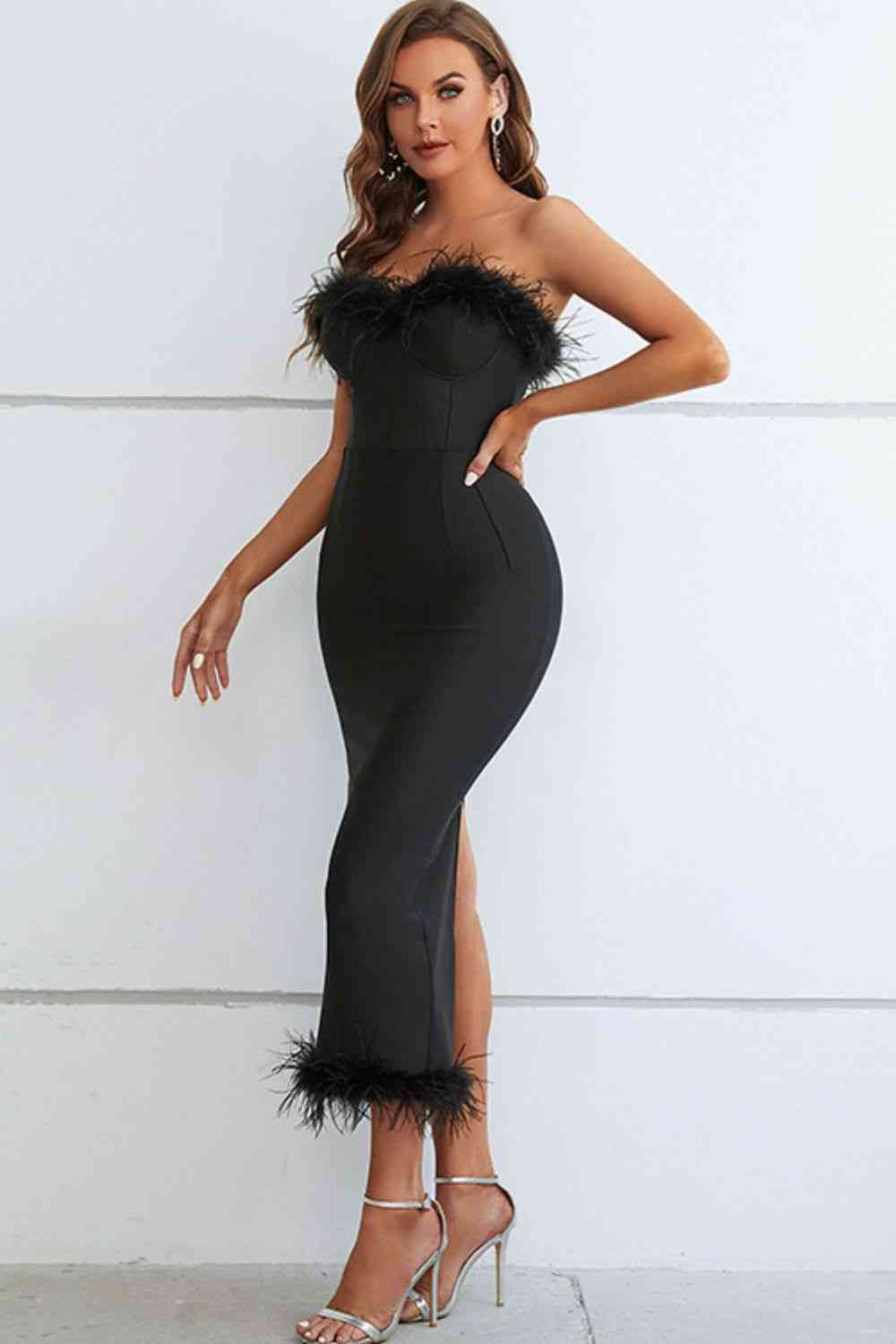 June Feather Trim Strapless Sweetheart Neck Dress