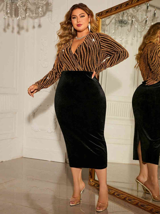 Nadia Plus Size Surplice Neck Long Sleeve Slit Dress