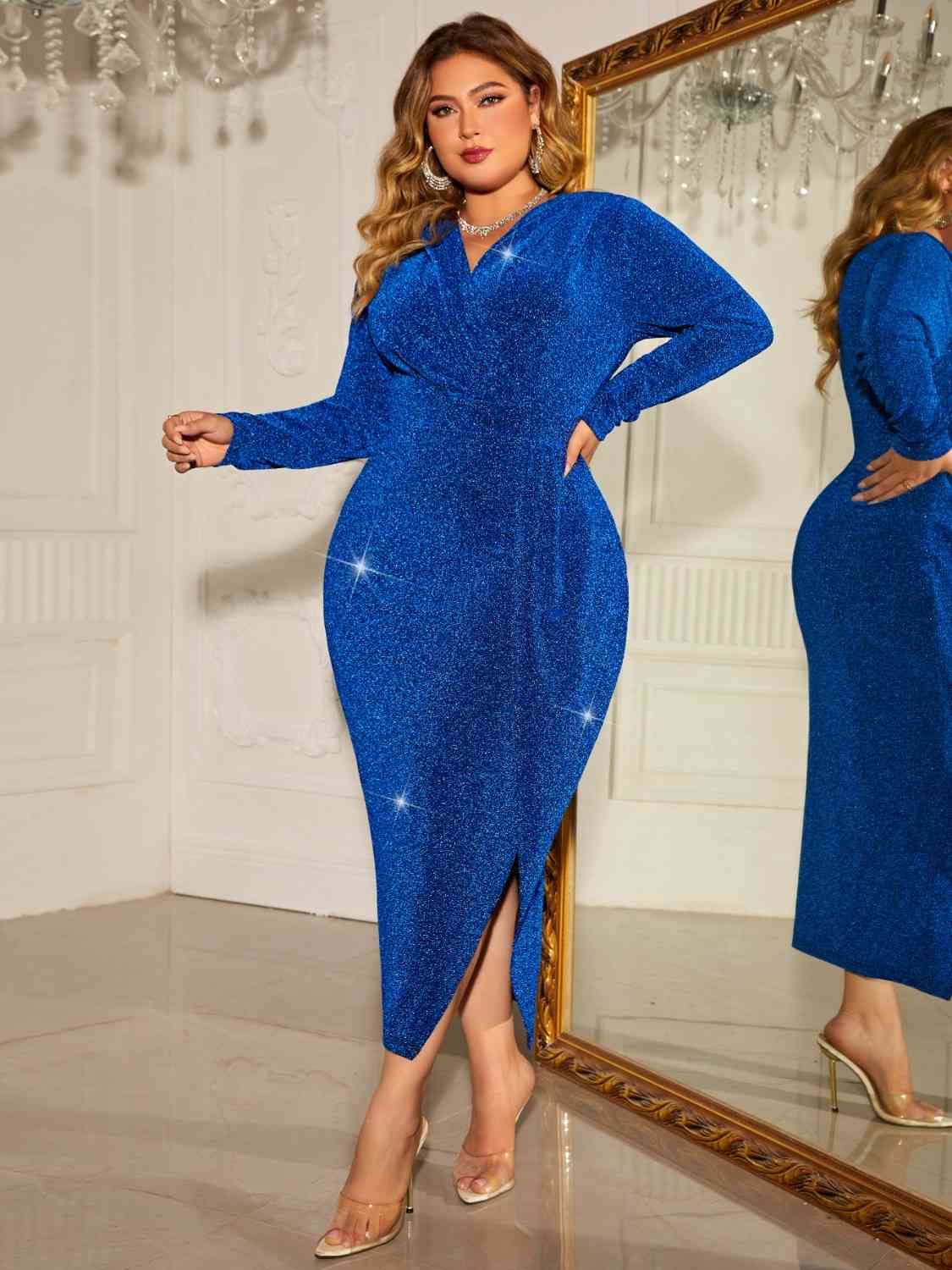 Rosie Plus Size Surplice Neck Slit Dress