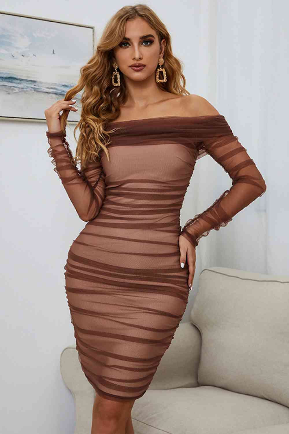 Fatima Off-Shoulder Ruched Long Sleeve Tulle Dress