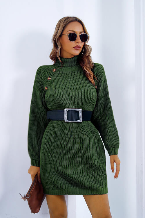 Violet Buttoned Turtleneck Long Sleeve Sweater Dress