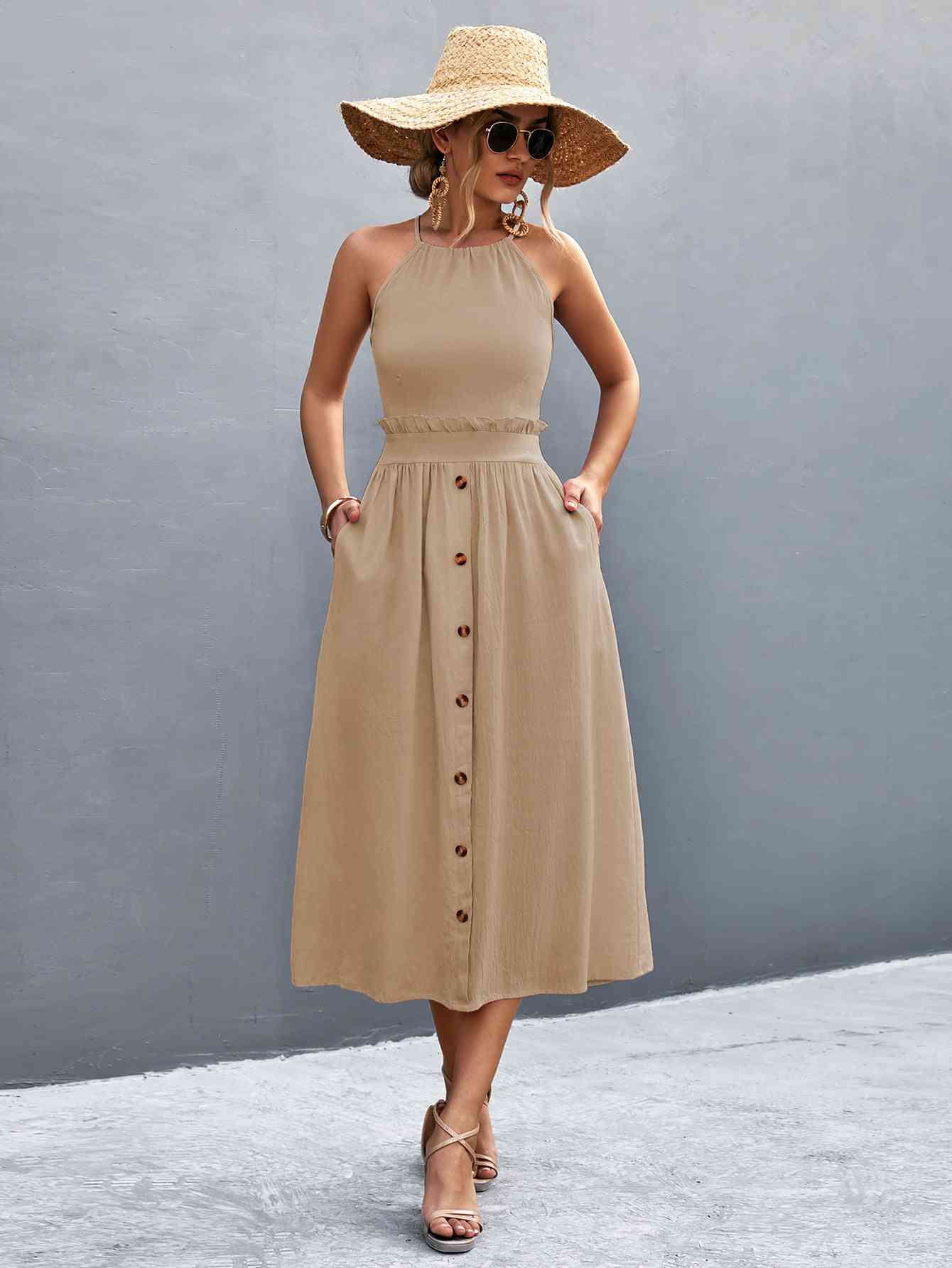 Grace Buttoned Halter Neck Frill Trim Midi Dress