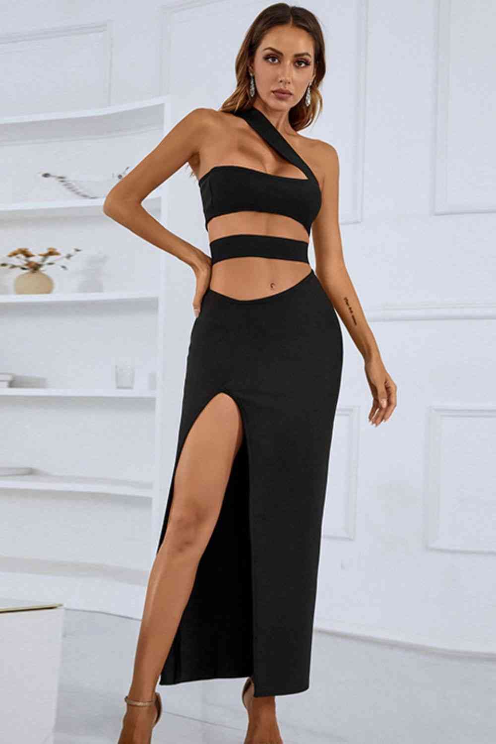 Logan One-Shoulder Cutout Front Split Maxi Dress