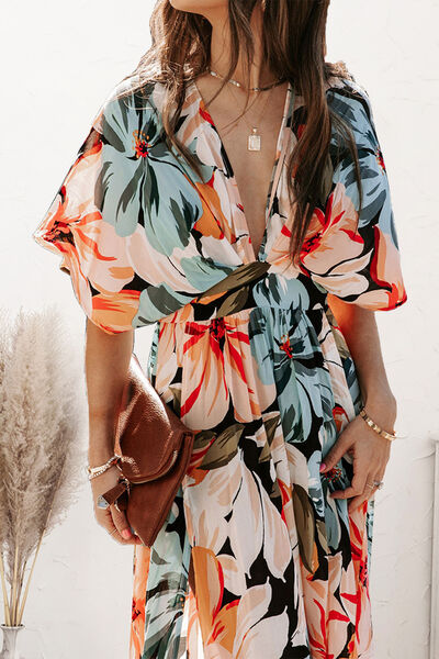 Amber Plunge Split Printed Short Sleeve Dress