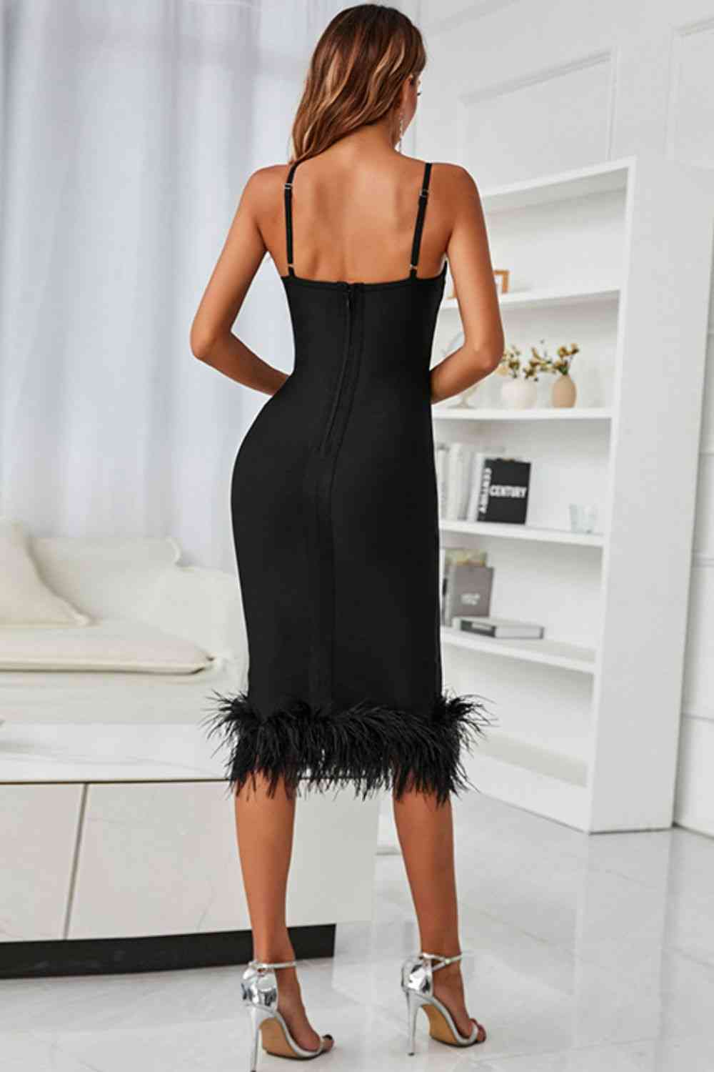 Sariyah Spaghetti Strap Feather Trim Bodycon Dress