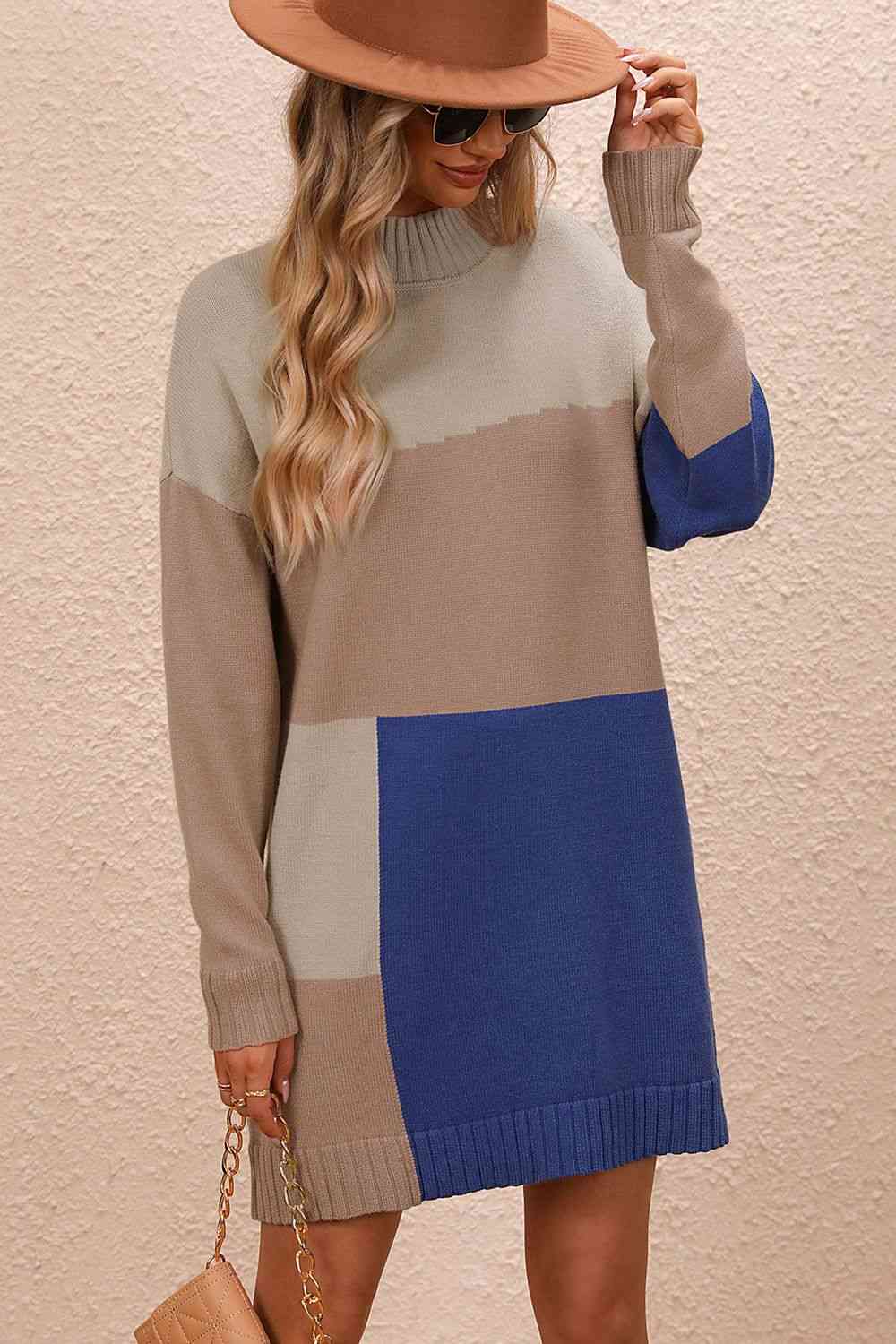 Meg Color Block Mock Neck Dropped Shoulder Sweater Dress