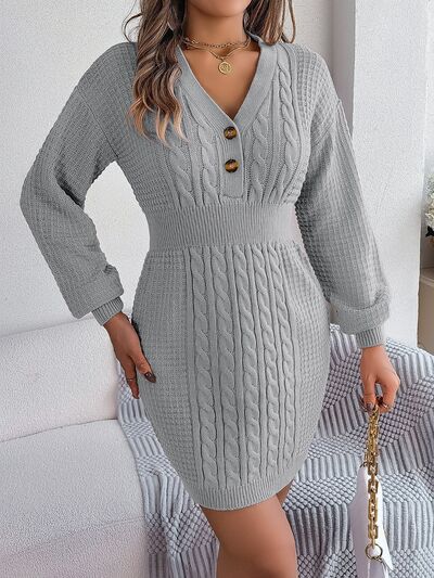 Harper Buttoned Cable-Knit V-Neck Sweater Dress