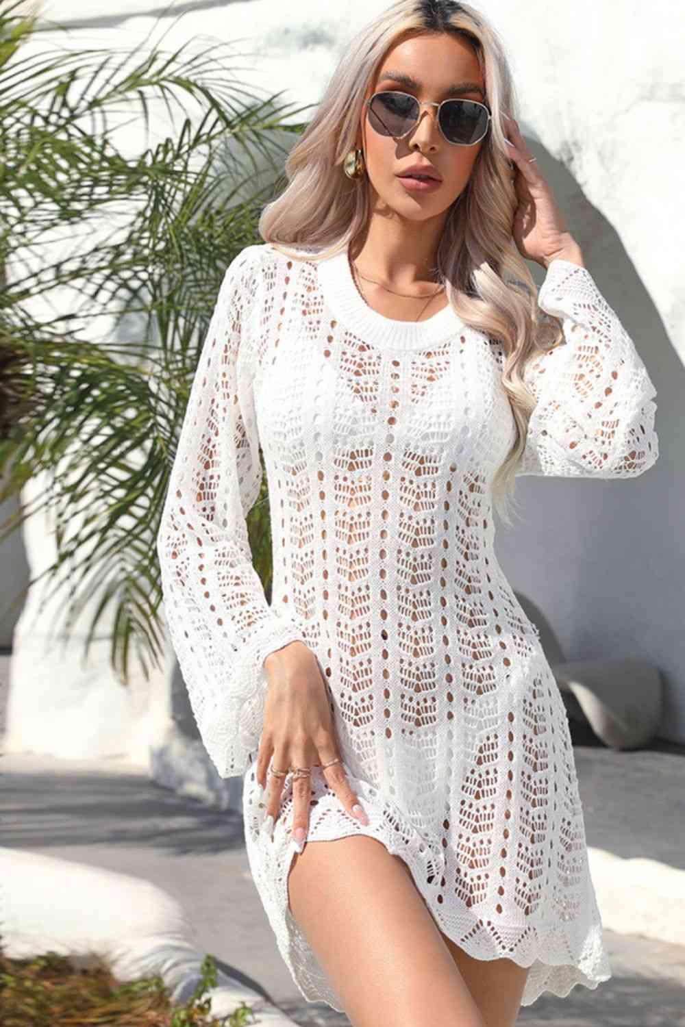Raya Openwork Scalloped Trim Long Sleeve Cover-Up Dress