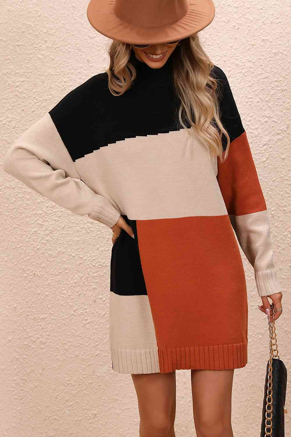 Meg Color Block Mock Neck Dropped Shoulder Sweater Dress