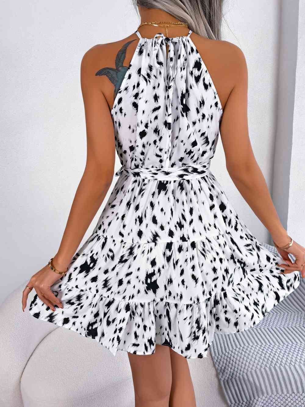 Stevie Halter Neck Printed Tie Waist Sleeveless Mini Dress