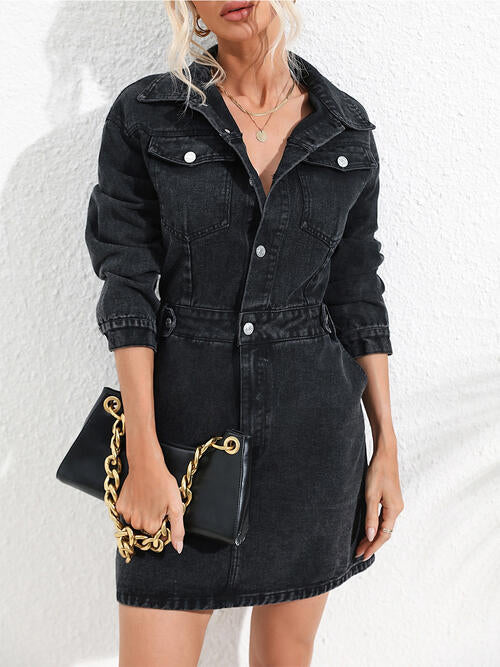 Emma Buttoned Collared Neck Denim Mini Dress