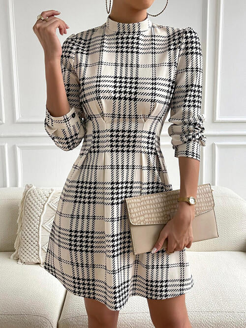 Dahlia Houndstooth Mock Neck Cinched Mini Dress